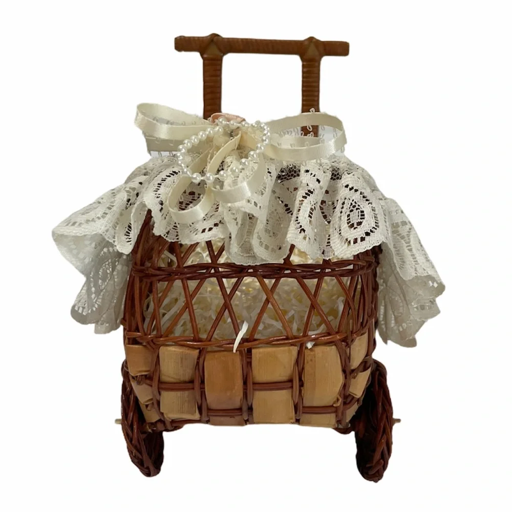 Vintage Basket Handcrafted Baby Carriage Ivory Lace Ribbon Rose Wicker Basket